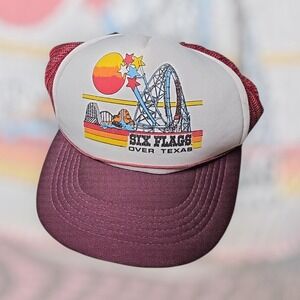 VTG Six Flags Over Texas Maroon Mesh Foam Trucker Hat Roller Coaster Graphic USA